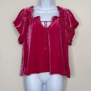Free People Women's Electric Fuchsia Pink Velour Puff Sleeve Blouse Size Medium‎